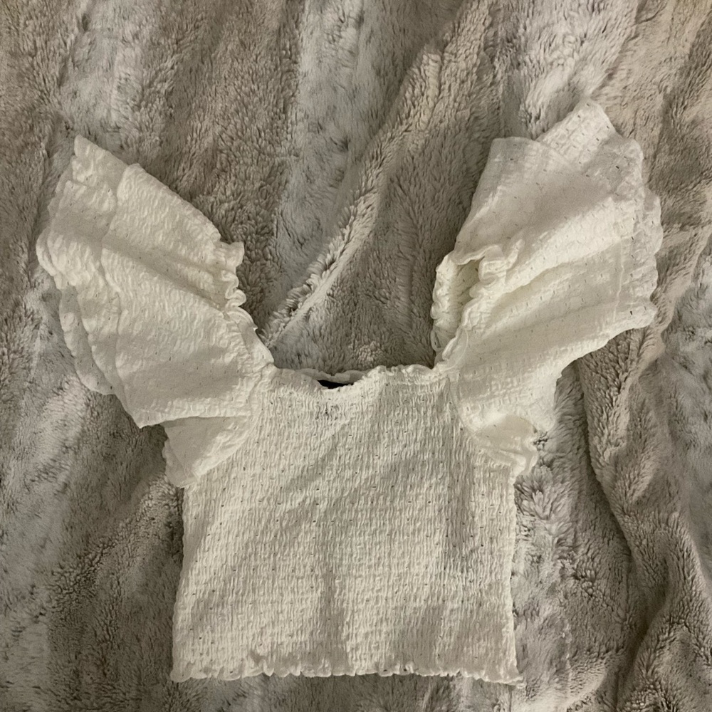 Forever 21 White Smocked Ruffle Sleeve Crop Top